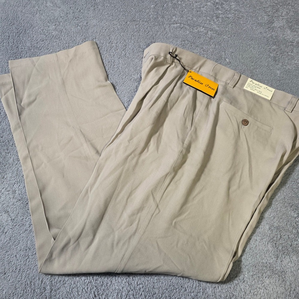 Paradise Coves Mens 36x32 Silk Pleated Trousers Tan Herringbone MXSSB606 NEW